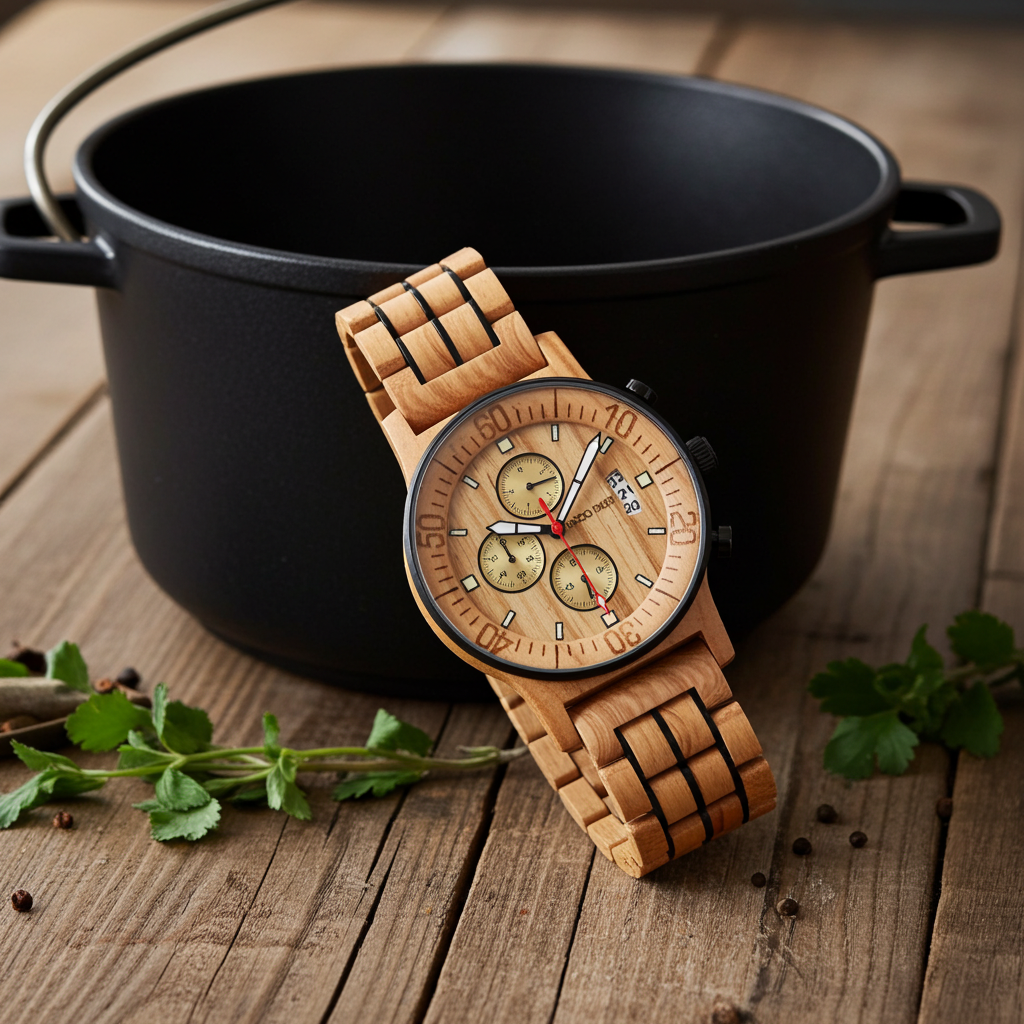 wood watch next to a pot