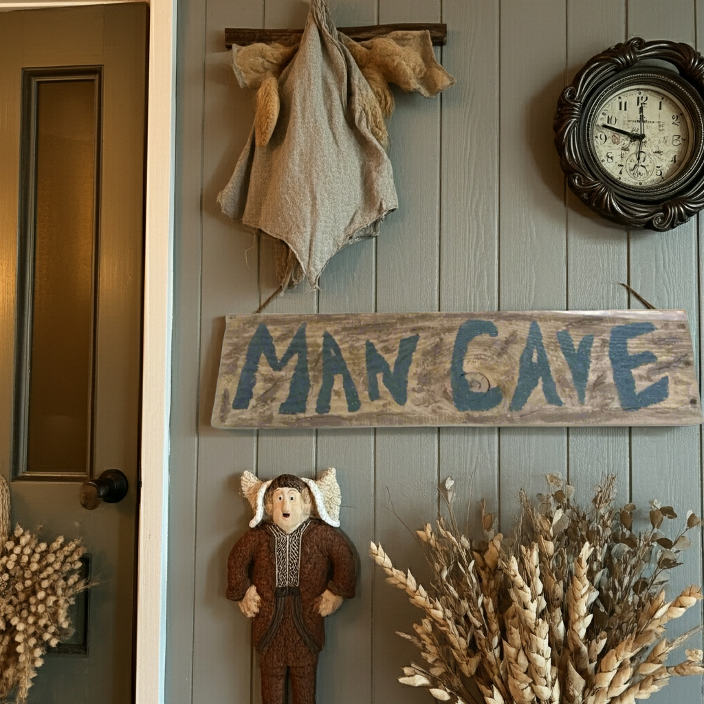 Decorative wall with 'Man Cave' sign, clock, and rustic decor on a wooden panel wall.
