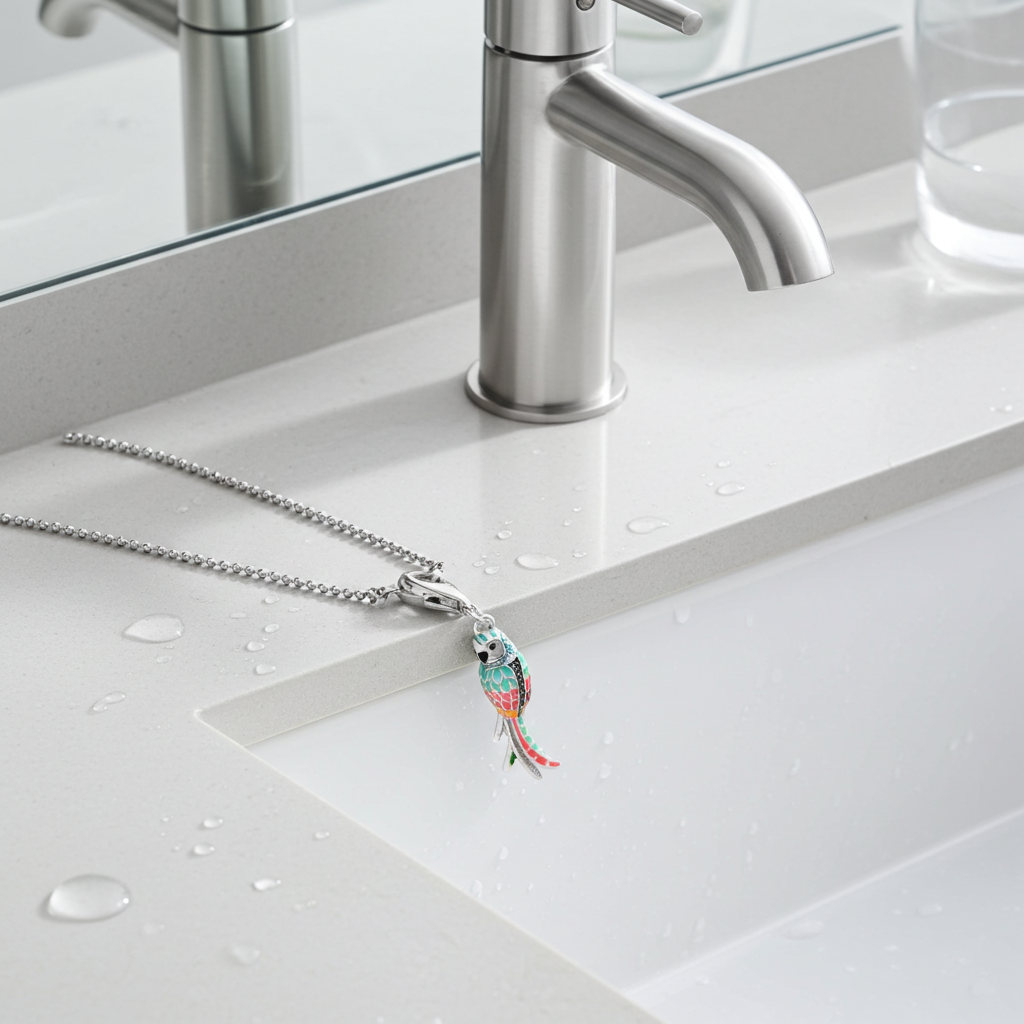 Silver necklace with a colorful pendant on a bathroom counter