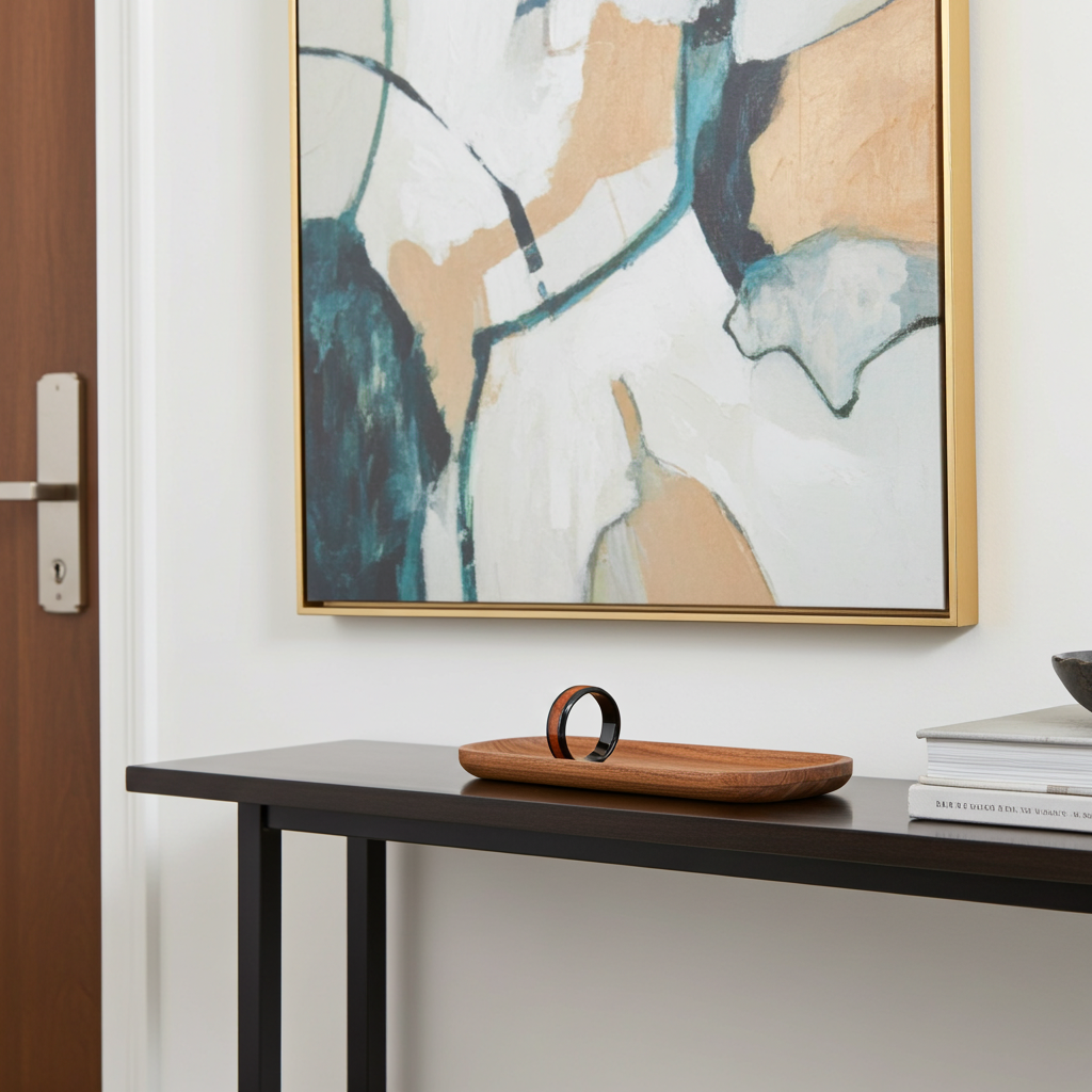 Abstract framed wall art with teal, cream, tan, and charcoal brushstrokes in a gold frame, displayed above a dark console table in a modern interior setting.