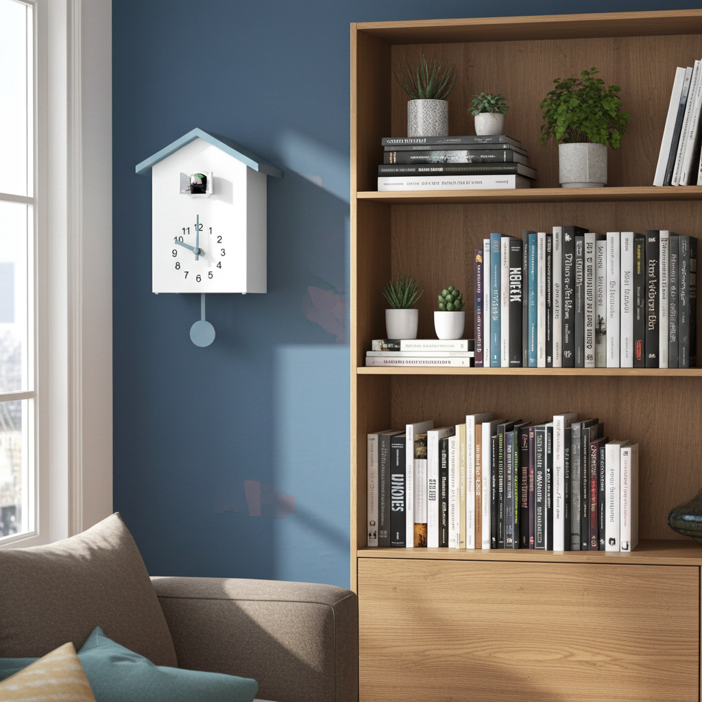 Cuckoo clock on a wall next to a bookshelf filled with books and plants.