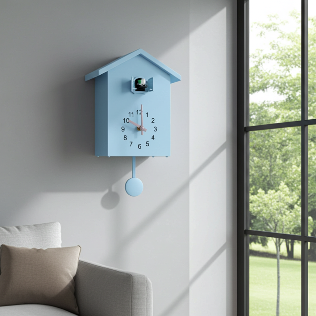 Blue cuckoo clock on a wall next to a window with greenery outside