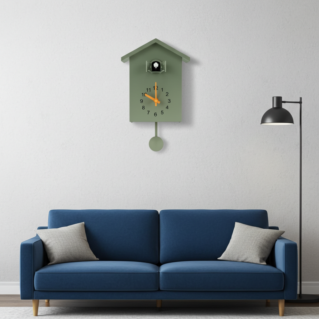 Blue sofa with gray cushions in a room with a green wall clock.