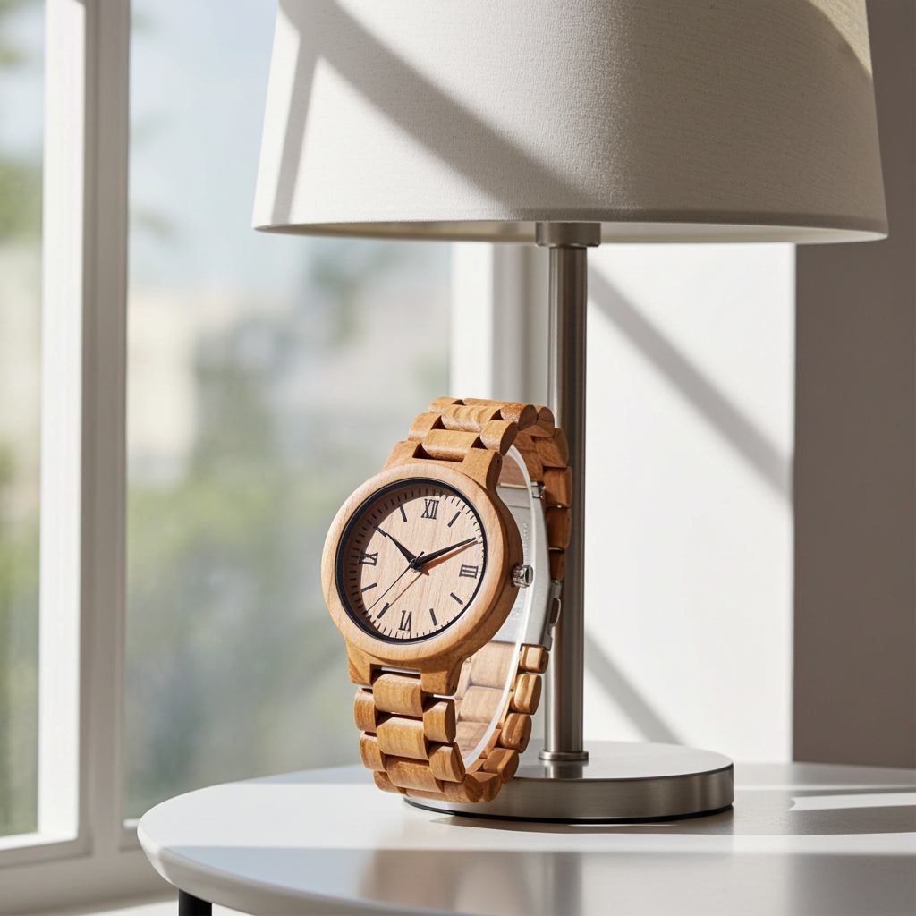 Wooden wristwatch on a table with a lamp in the background