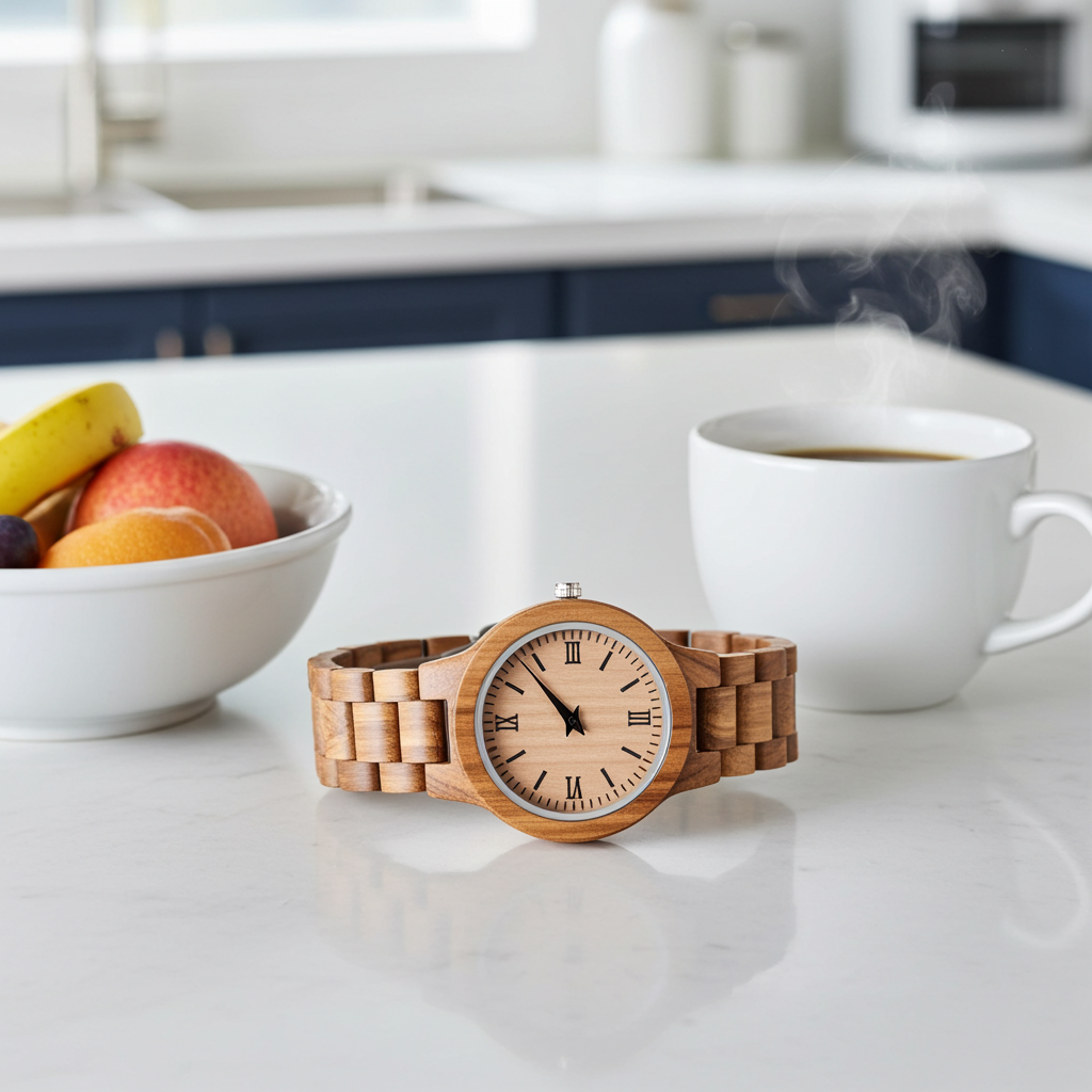 Wooden watch on a kitchen counter with a bowl of fruit and a cup of coffee.