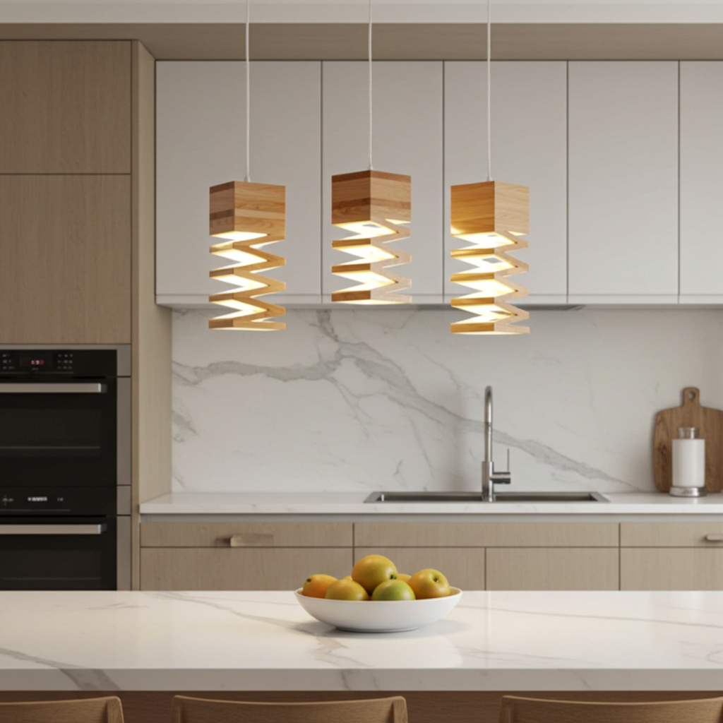 Modern kitchen with wooden pendant lights, marble backsplash, and fruit on a counter.