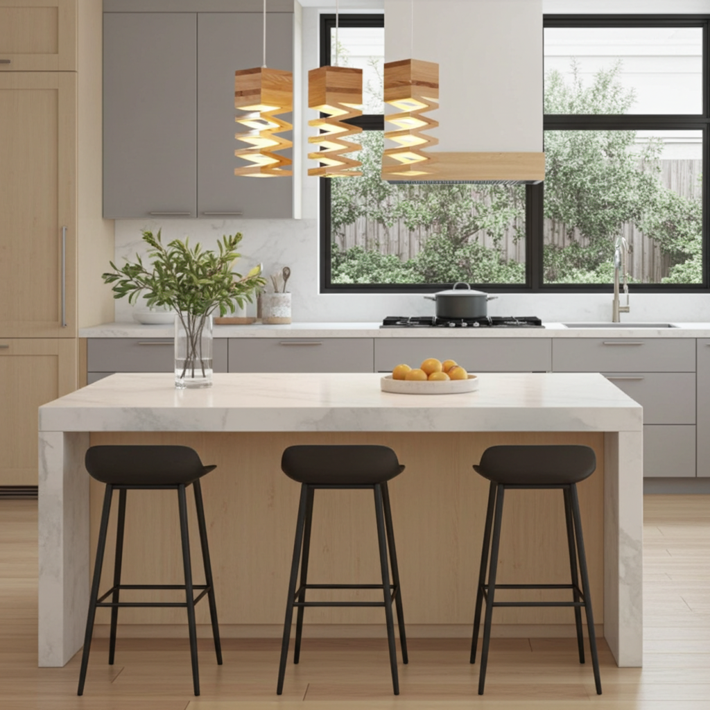 Modern kitchen with a marble island, stools, and pendant lights.