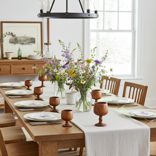 Dining room with a long wooden table set for dinner, featuring floral centerpieces and wooden goblets.