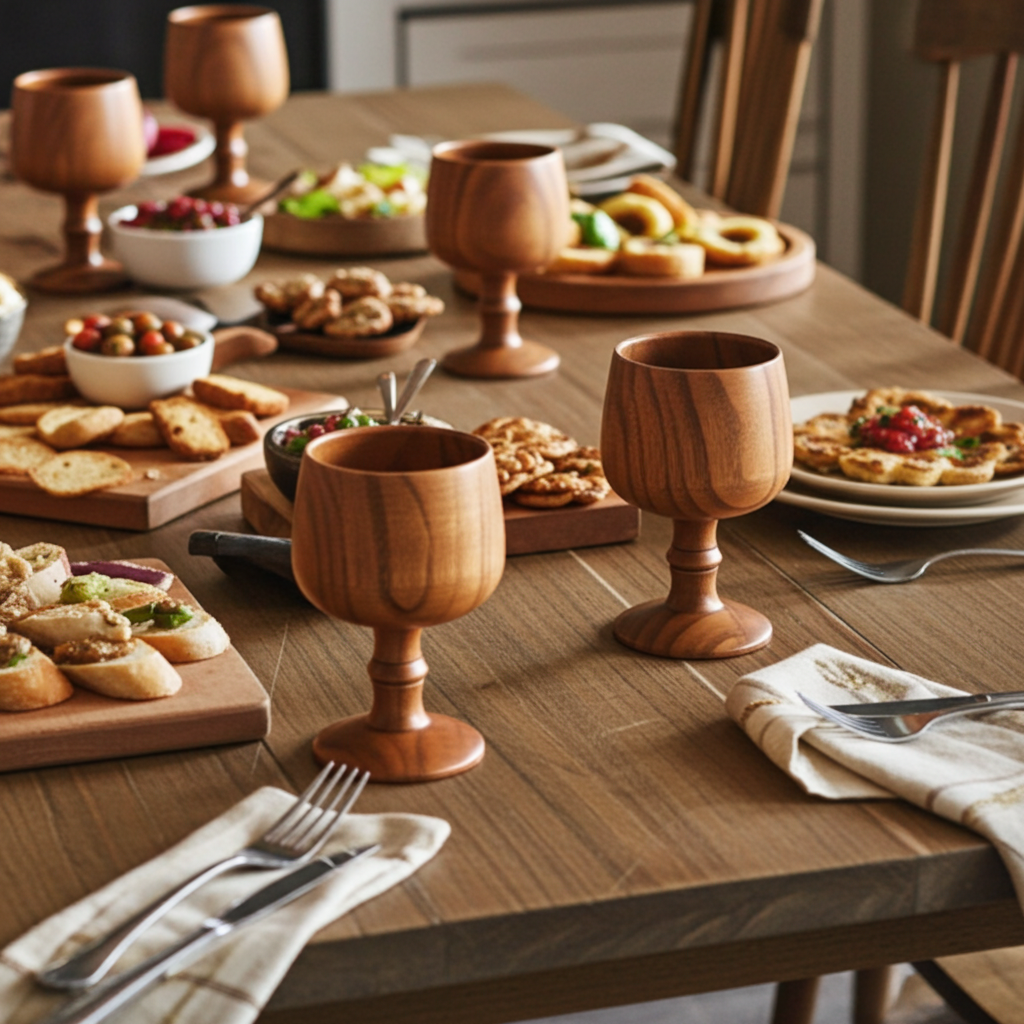 Wooden goblets on a wooden table with appetizers and plates.