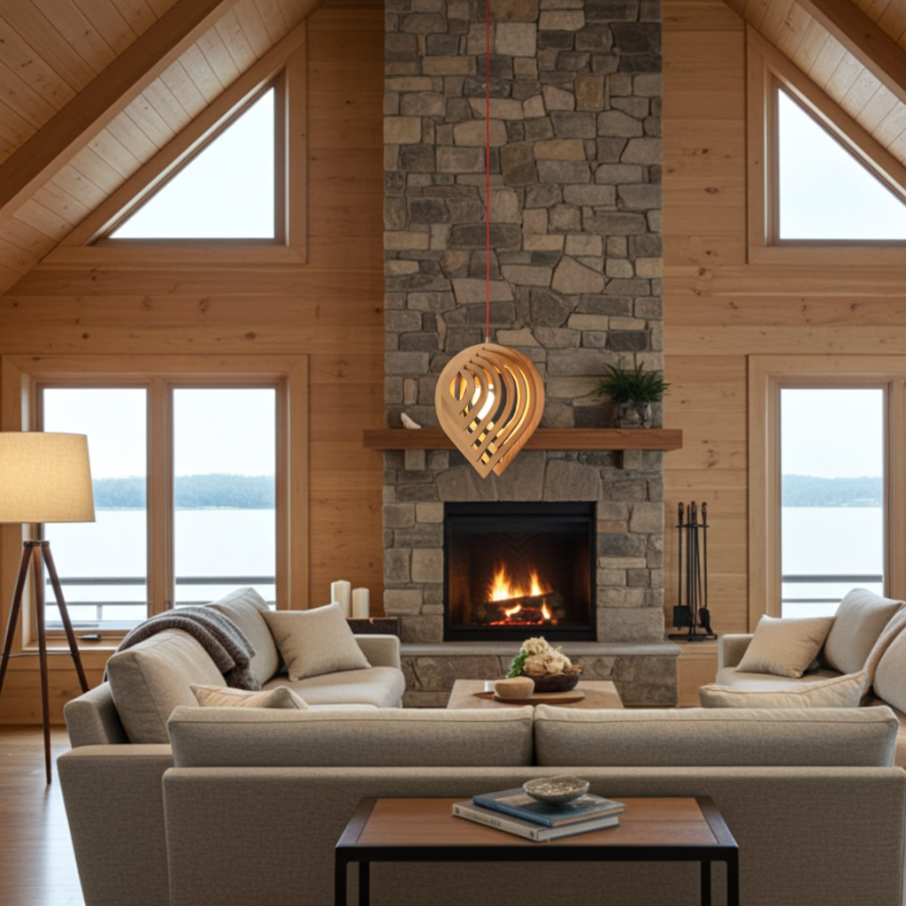 Cozy living room with stone fireplace, large windows, and a view of water.