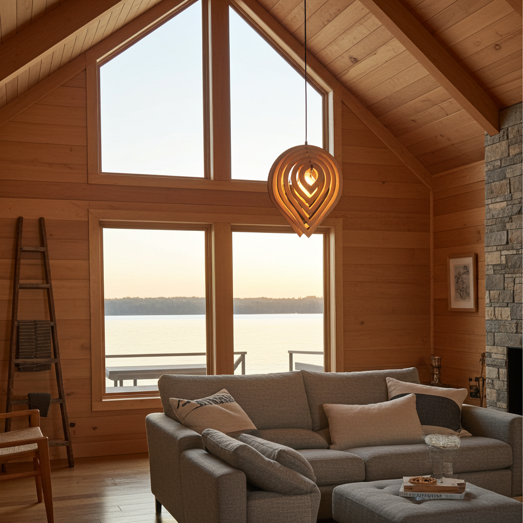 Cozy living room with a large window view of a lake, wooden walls, and a hanging light fixture.