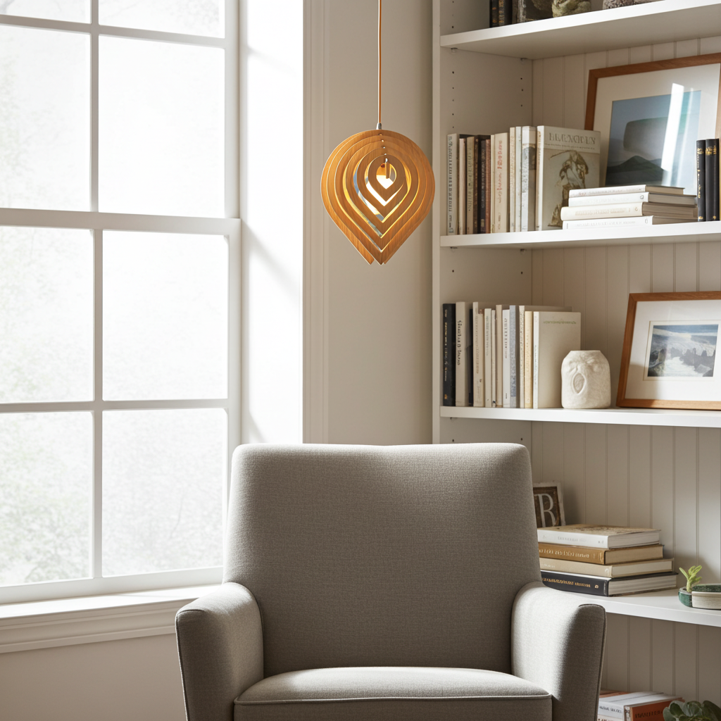 Cozy living room with a gray armchair, bookshelf, and decorative light fixture.