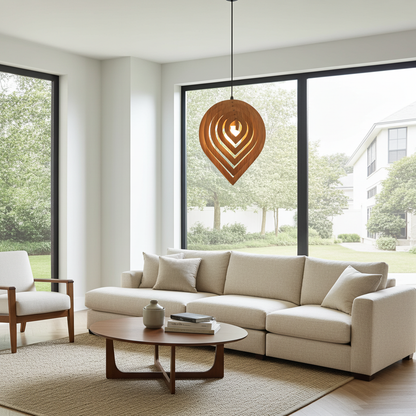Modern living room with a beige sectional sofa, wooden coffee table, and pendant light.