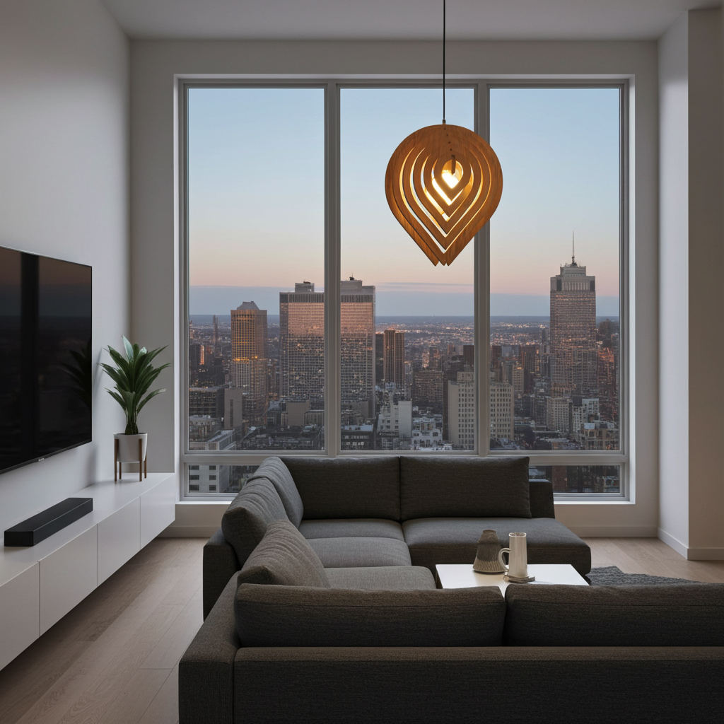 Modern living room with a cityscape view through large windows, featuring a stylish pendant light.