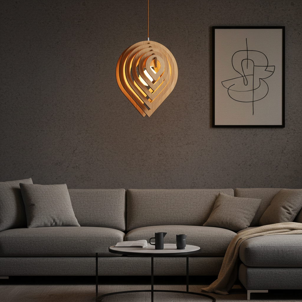 Modern living room with a gray sofa, wooden pendant light, and abstract wall art.