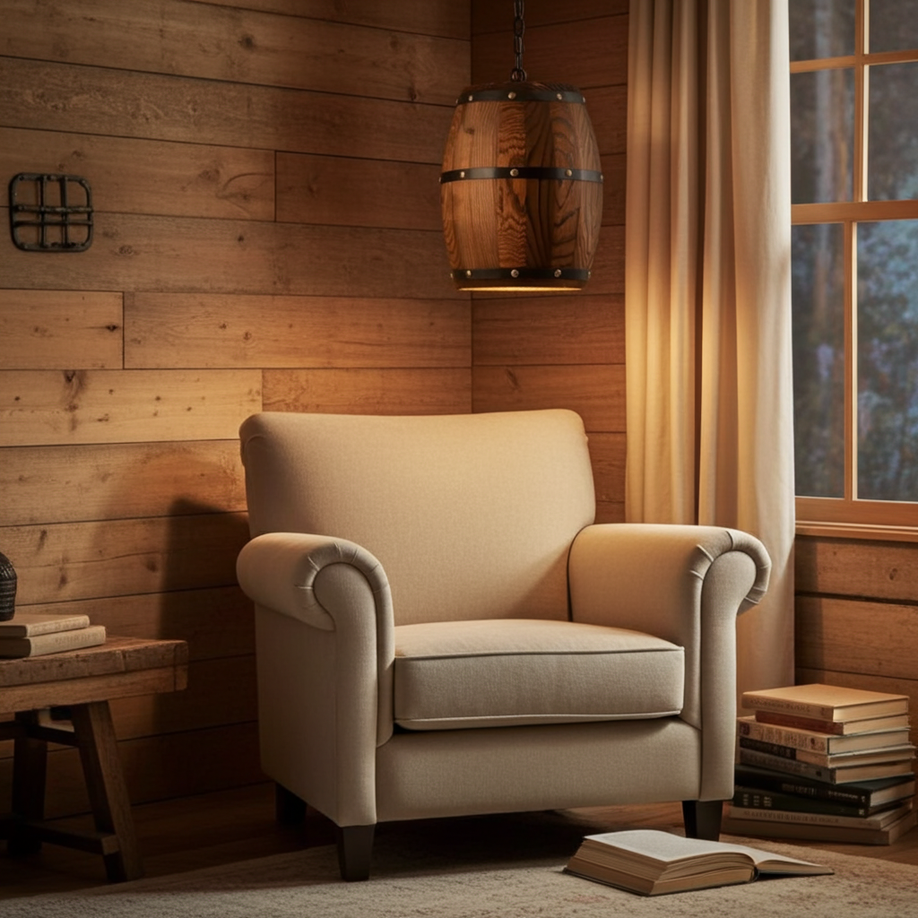 Beige armchair in a cozy room with wooden walls and a window.