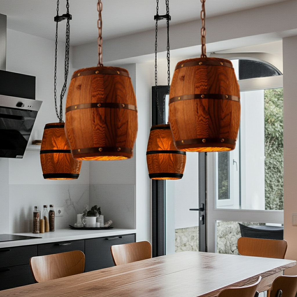 Wooden barrel pendant lights hanging above a dining table in a modern kitchen.