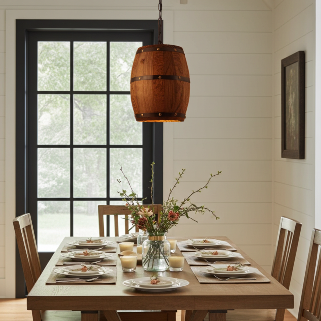 Dining room with wooden table set for a meal, rustic pendant light, and large window.