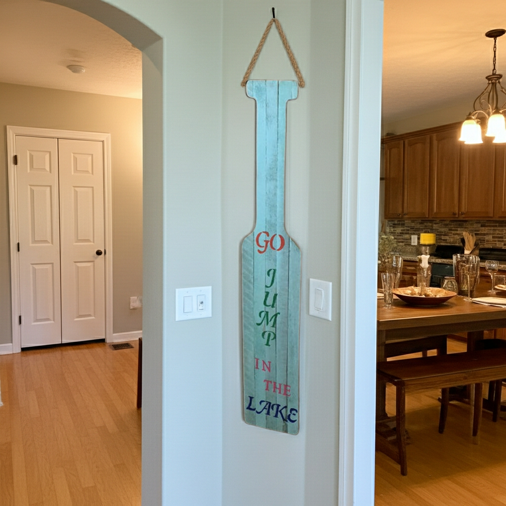 Decorative sign with text on a wall in a home interior.