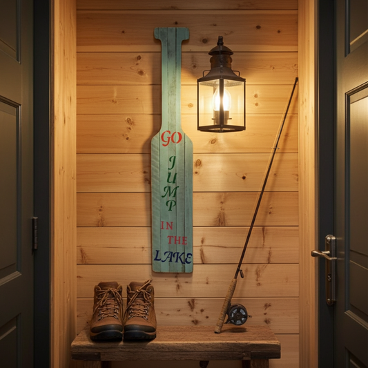 Wooden sign with 'Go Jump in the Lake' text on a wooden wall with shoes and a fishing rod.