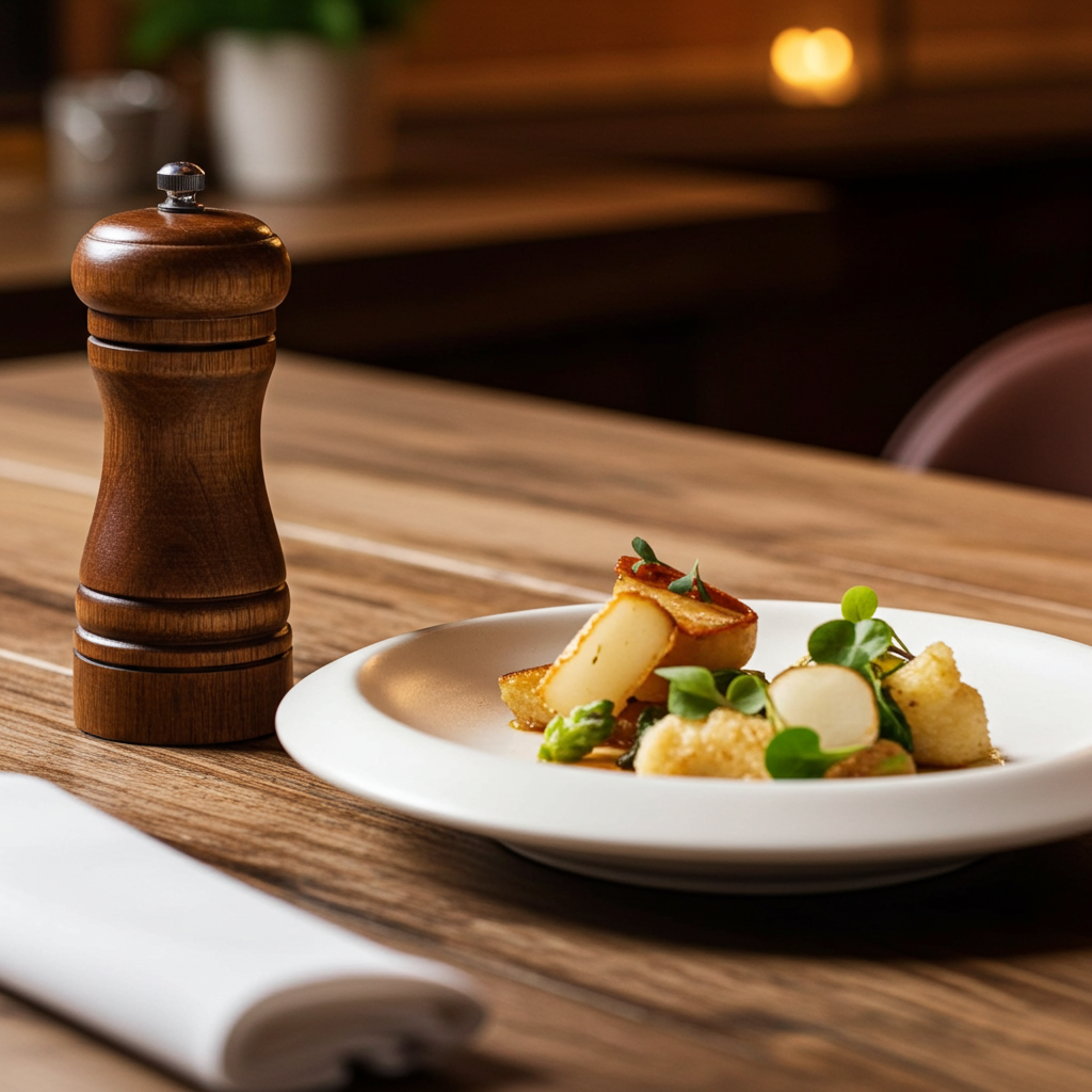 Plated dish of food on a wooden table with a pepper grinder.