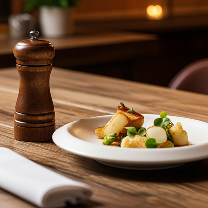 Plated dish of food on a wooden table with a pepper grinder.
