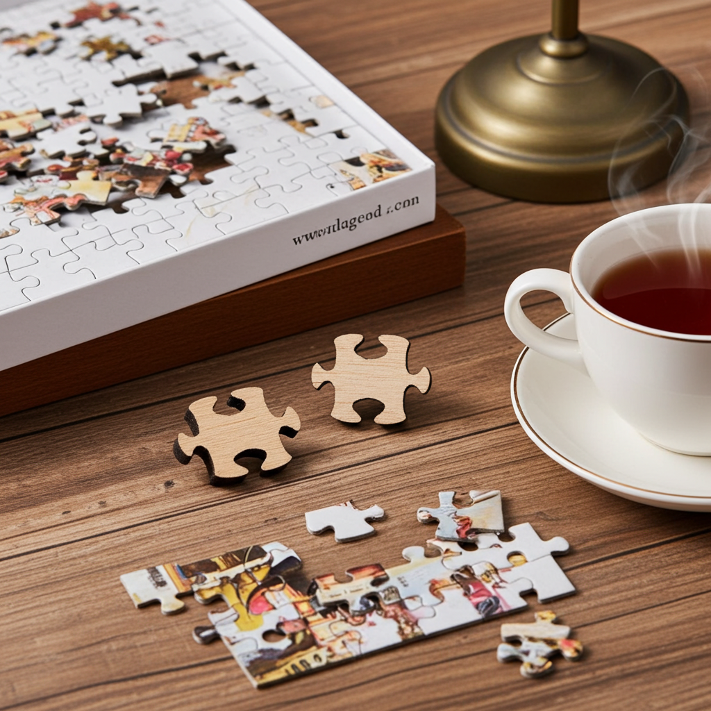 Puzzle piece earrings and a cup of tea on a wooden table with a vintage lamp in the background.
