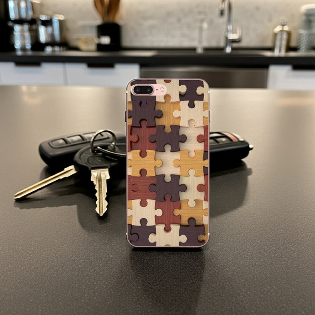 Phone case with puzzle pattern on a kitchen counter with keys and a wallet.
