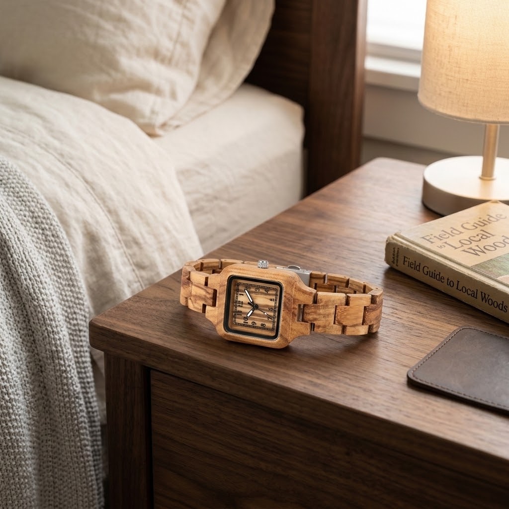 zebra wood watch laying on side next to bed