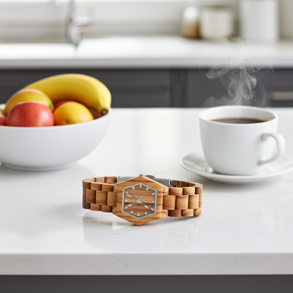 wood watch on a countertop