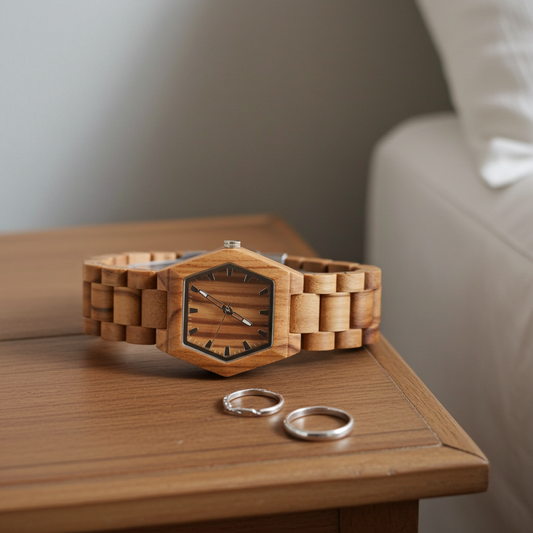Wooden watch on a wooden surface with two rings beside it