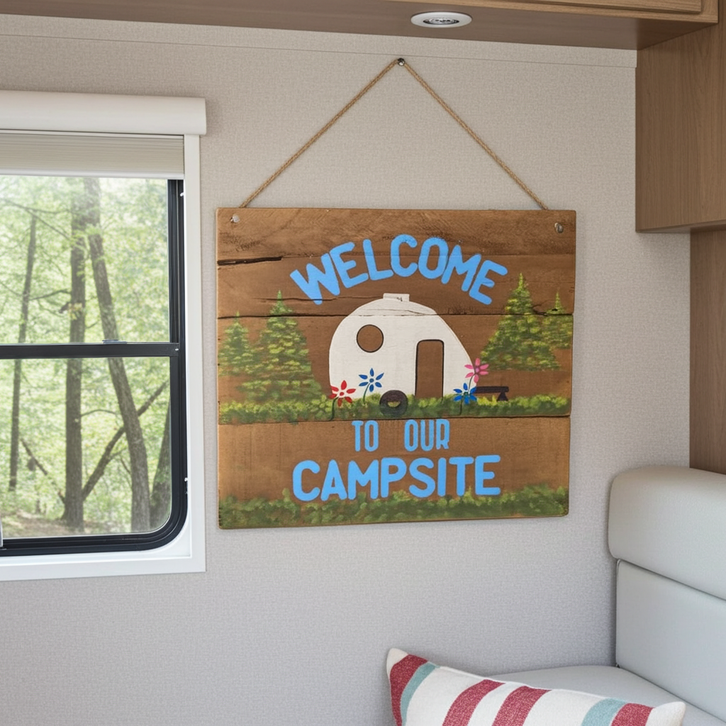 Wooden sign with 'Welcome to our Campsite' text and camper illustration inside a vehicle.