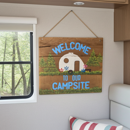 Wooden sign with 'Welcome to our Campsite' text and camper illustration inside a vehicle.