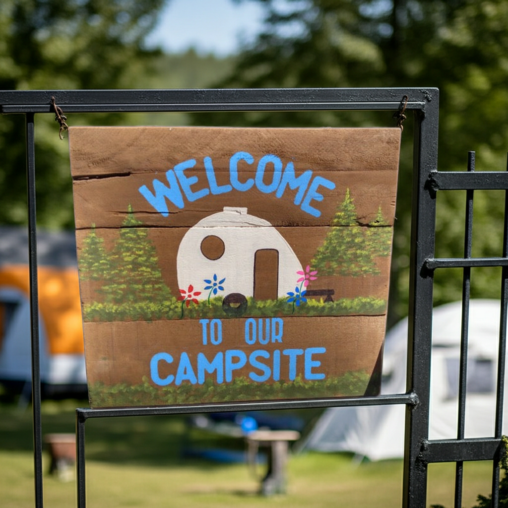 Wooden sign with 'Welcome to our Campsite' text and camper illustration, set against a blurred camping background.