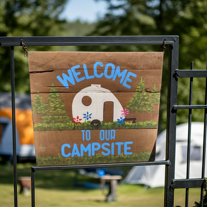 Wooden sign with 'Welcome to our Campsite' text and camper illustration, set against a blurred camping background.