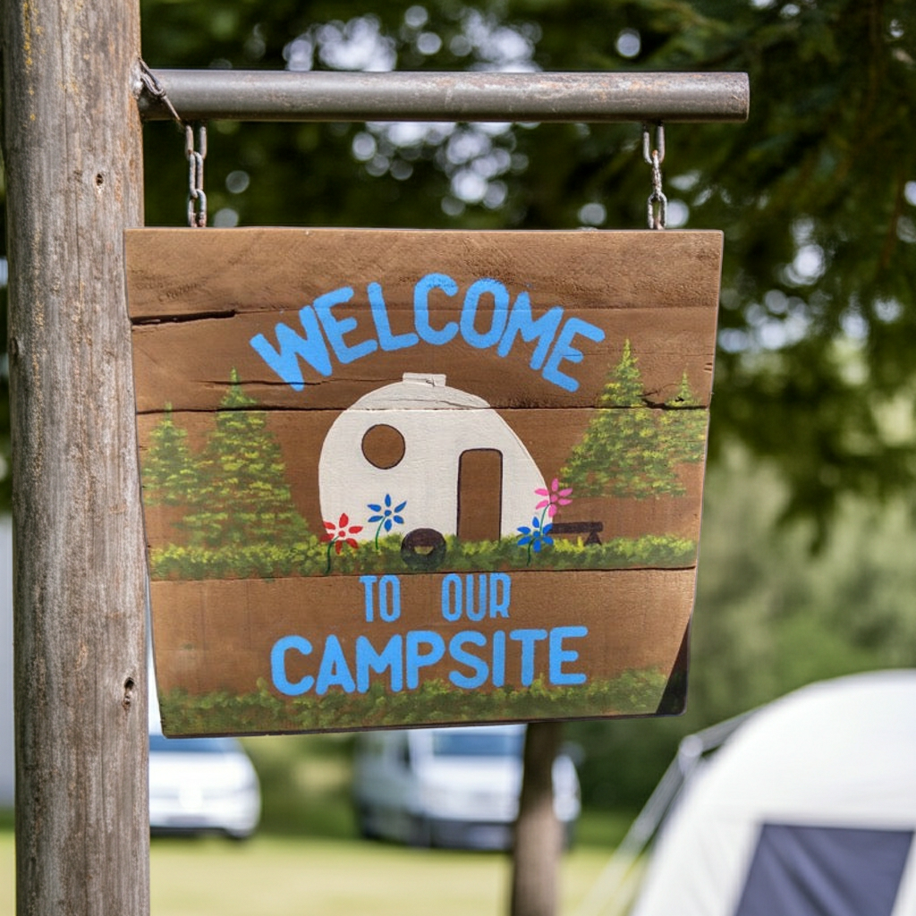 Wooden sign with 'Welcome to our Campsite' text and camper illustration, hanging outdoors.