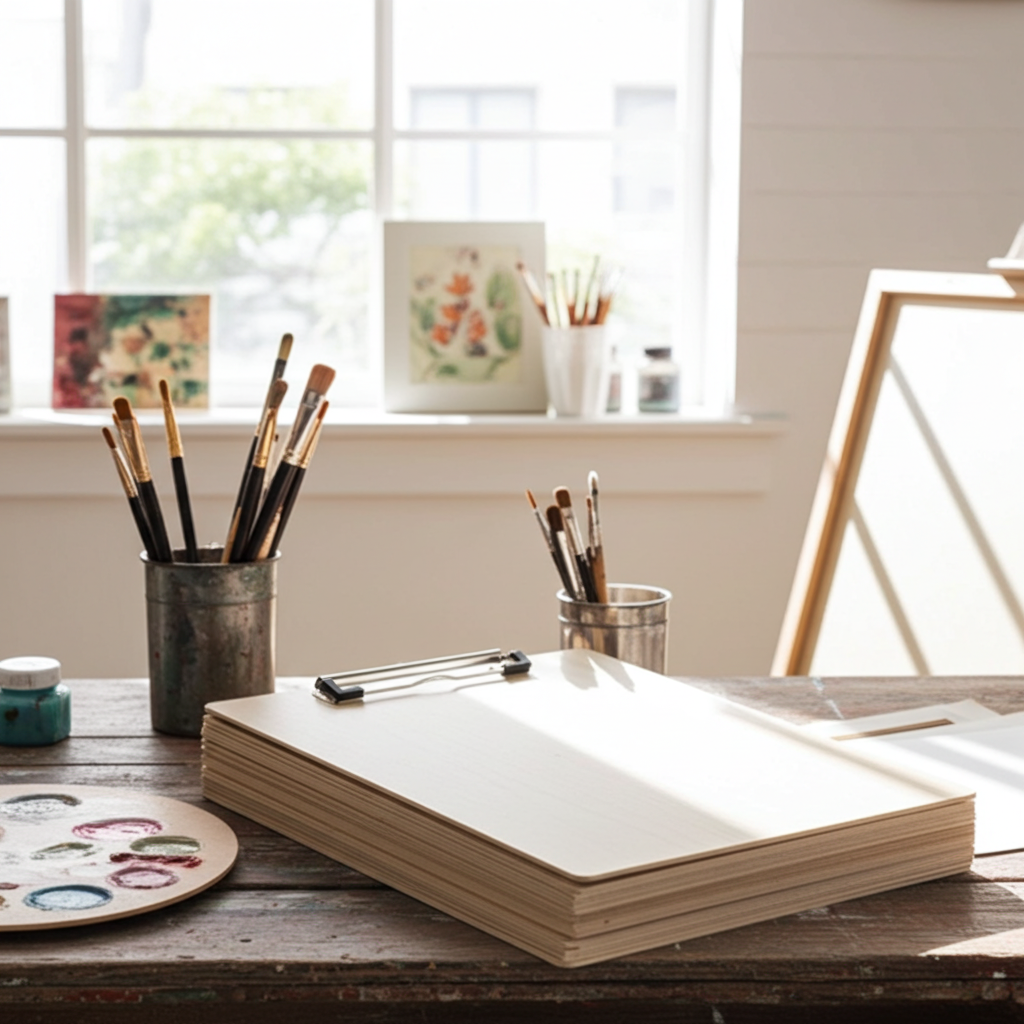 Art supplies including brushes, paint, and a canvas on a wooden table with a window in the background.
