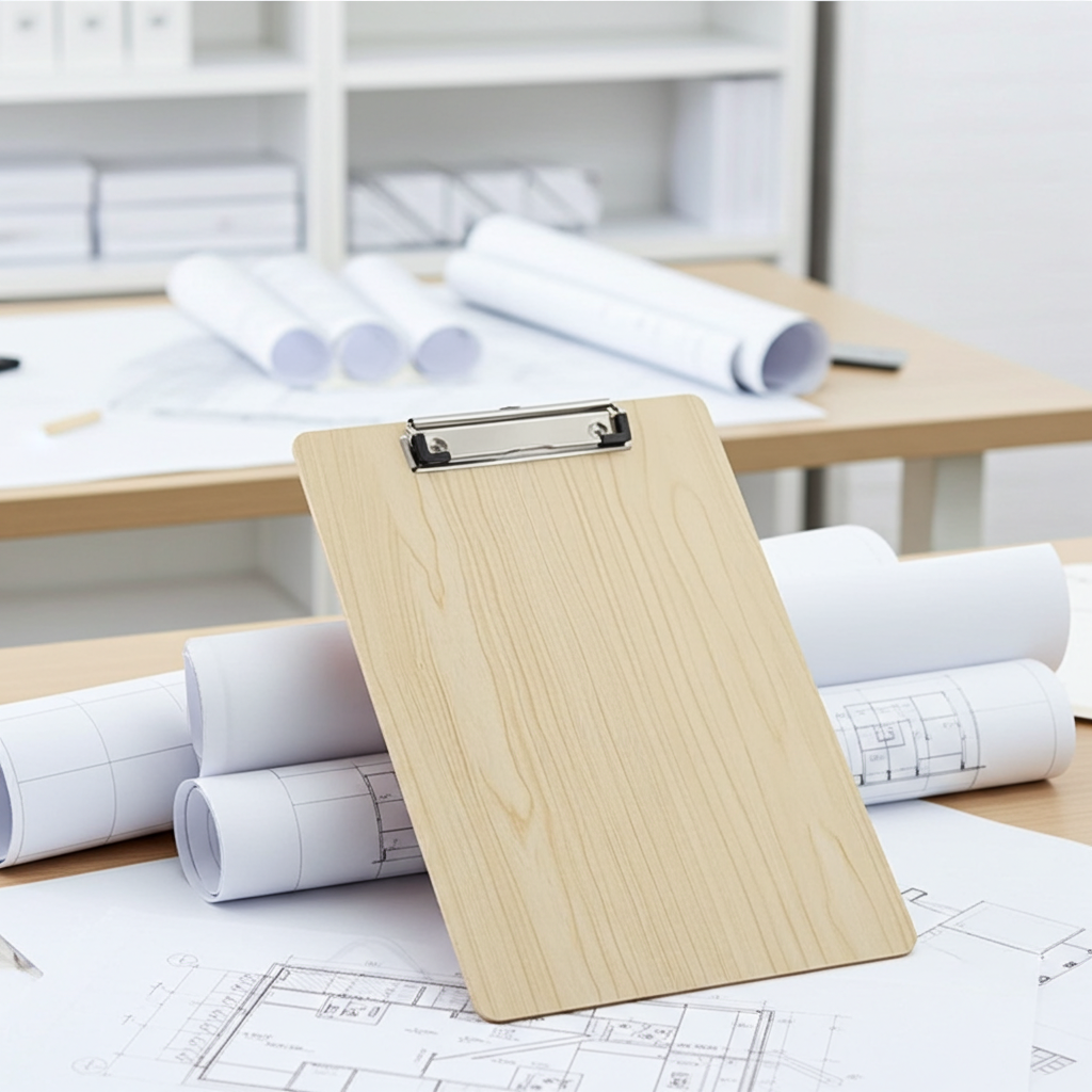 Wooden clipboard on a desk with blueprints in an office setting