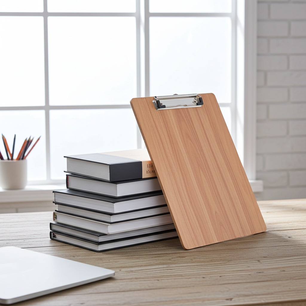 Wooden clipboard on a stack of books with a window in the background