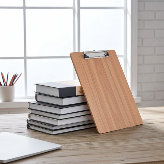Wooden clipboard on a stack of books with a window in the background