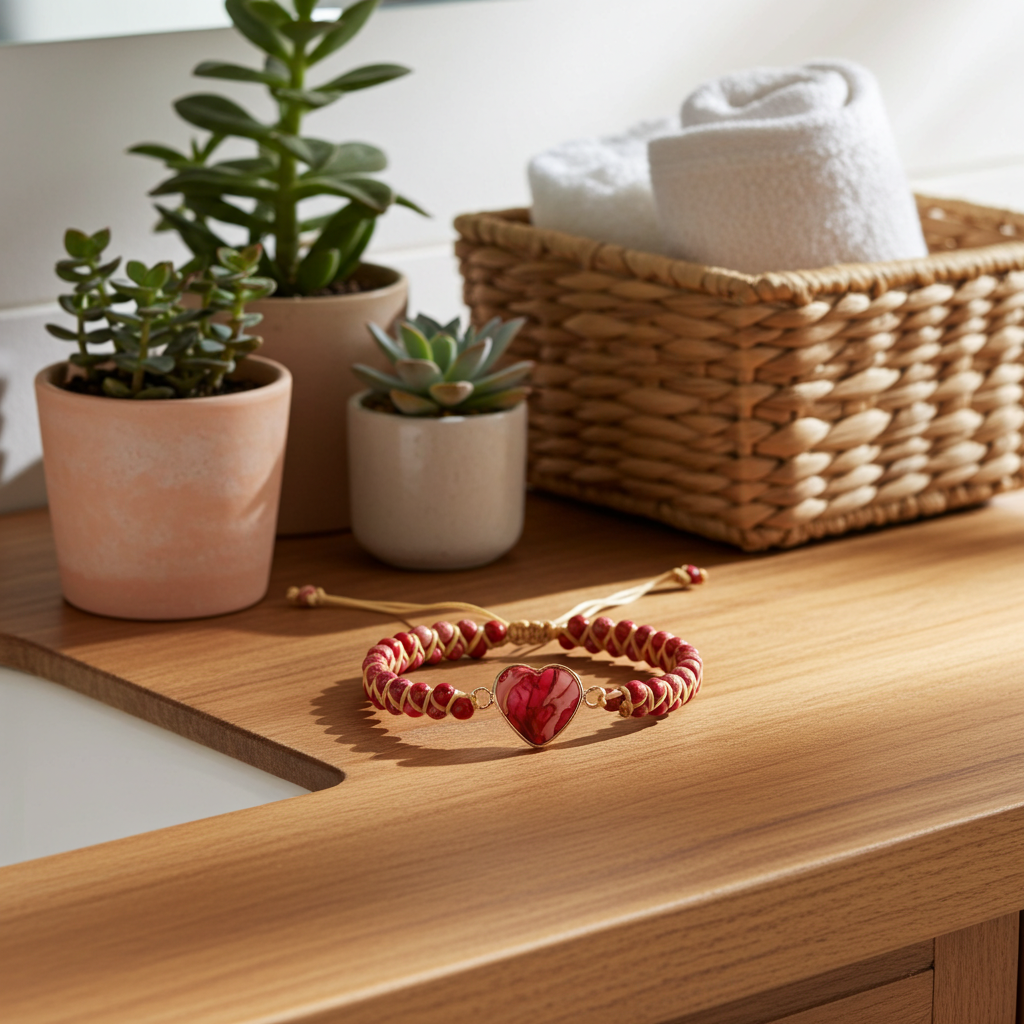 Bracelet with heart charm on a wooden surface with plants and a basket in the background