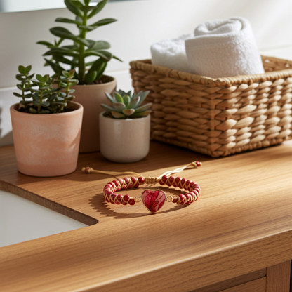 Bracelet with heart charm on a wooden surface with plants and a basket in the background