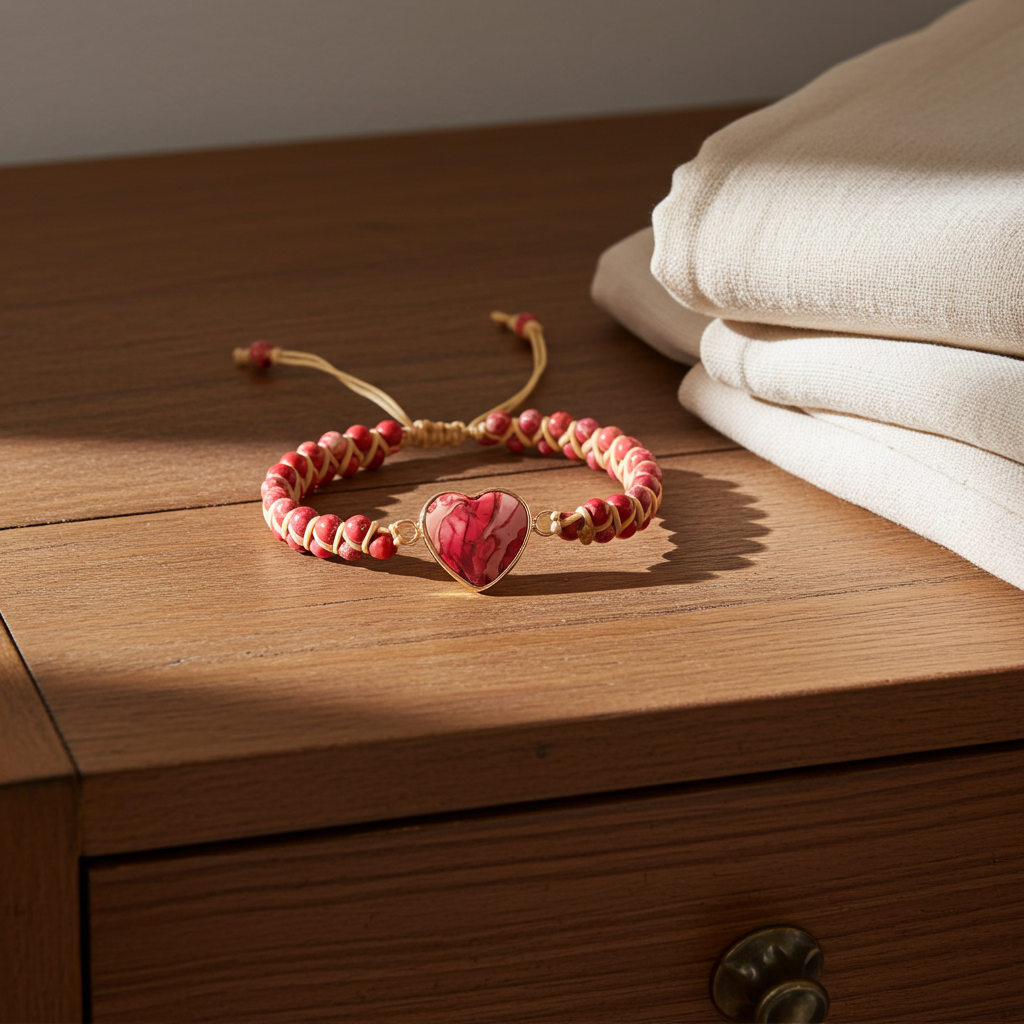 Bracelet with a heart-shaped charm on a wooden surface