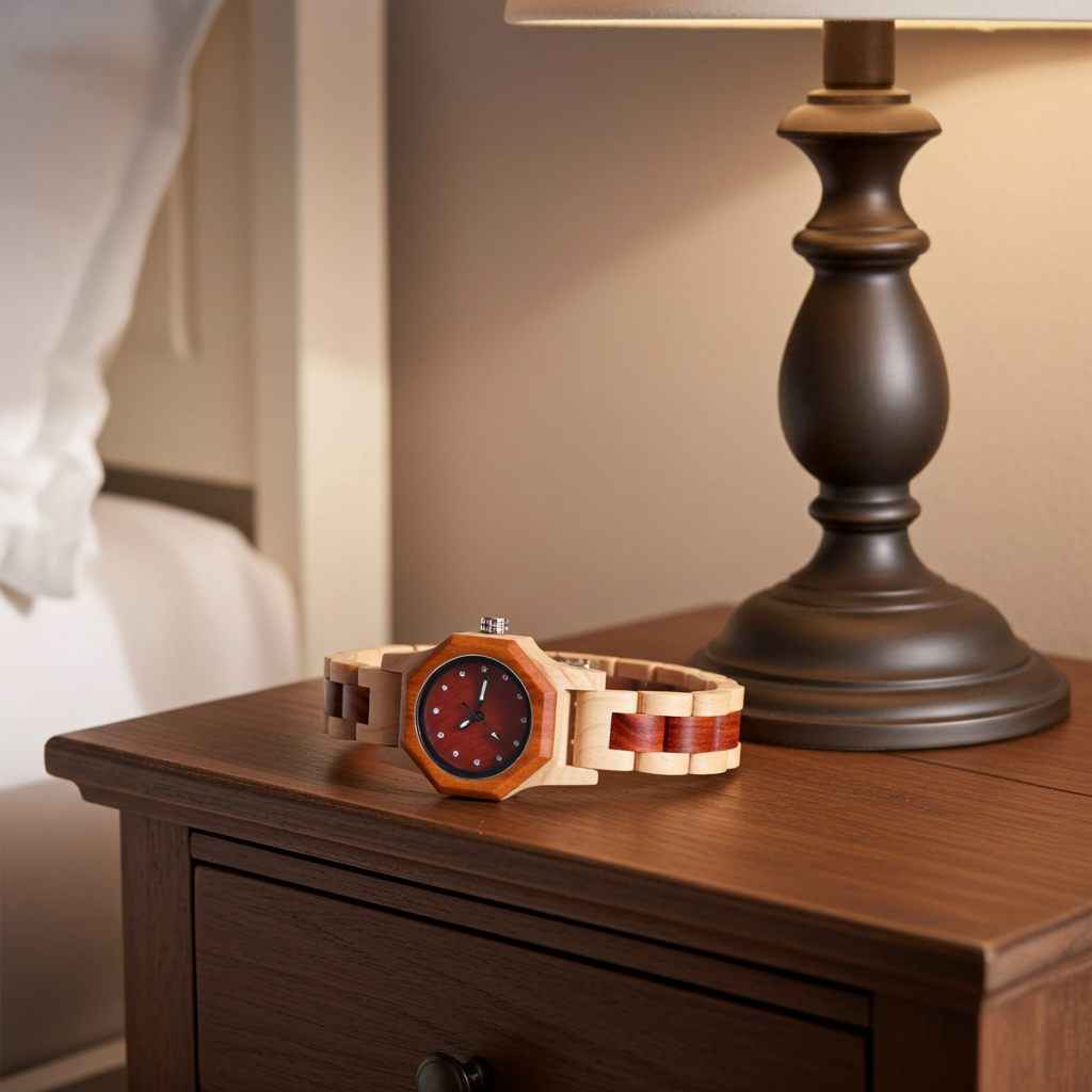 Wooden watch with red face on a wooden nightstand next to a lamp.