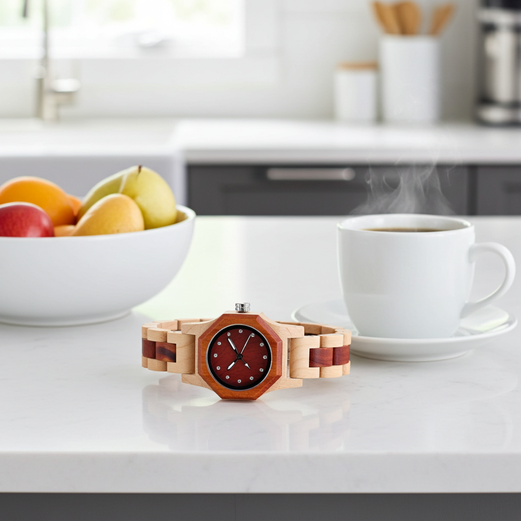 Wooden watch on a kitchen counter with fruit and coffee.