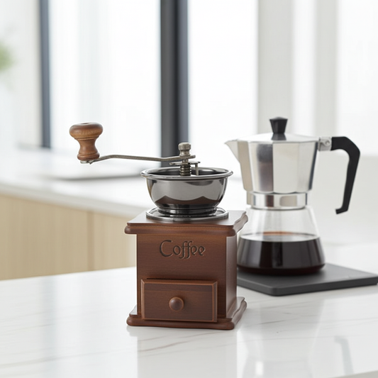 Wooden coffee grinder on a kitchen counter with a glass coffee maker in the background.