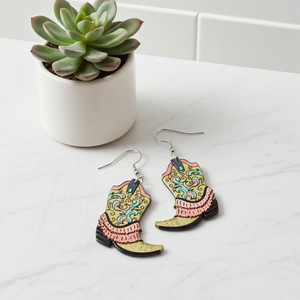 Colorful cowboy boot earrings on a white surface with a small potted plant.