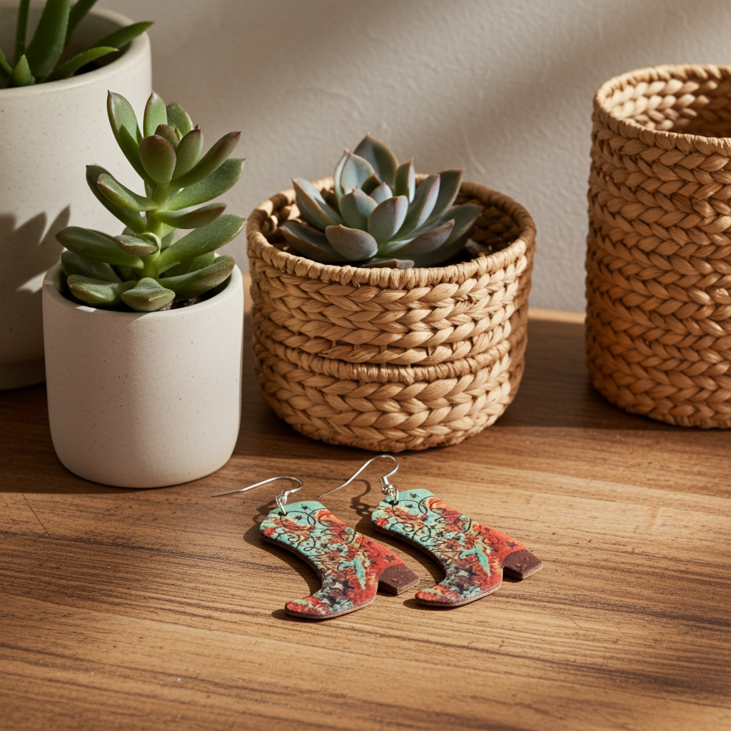 Colorful earrings on a wooden surface with potted plants in the background