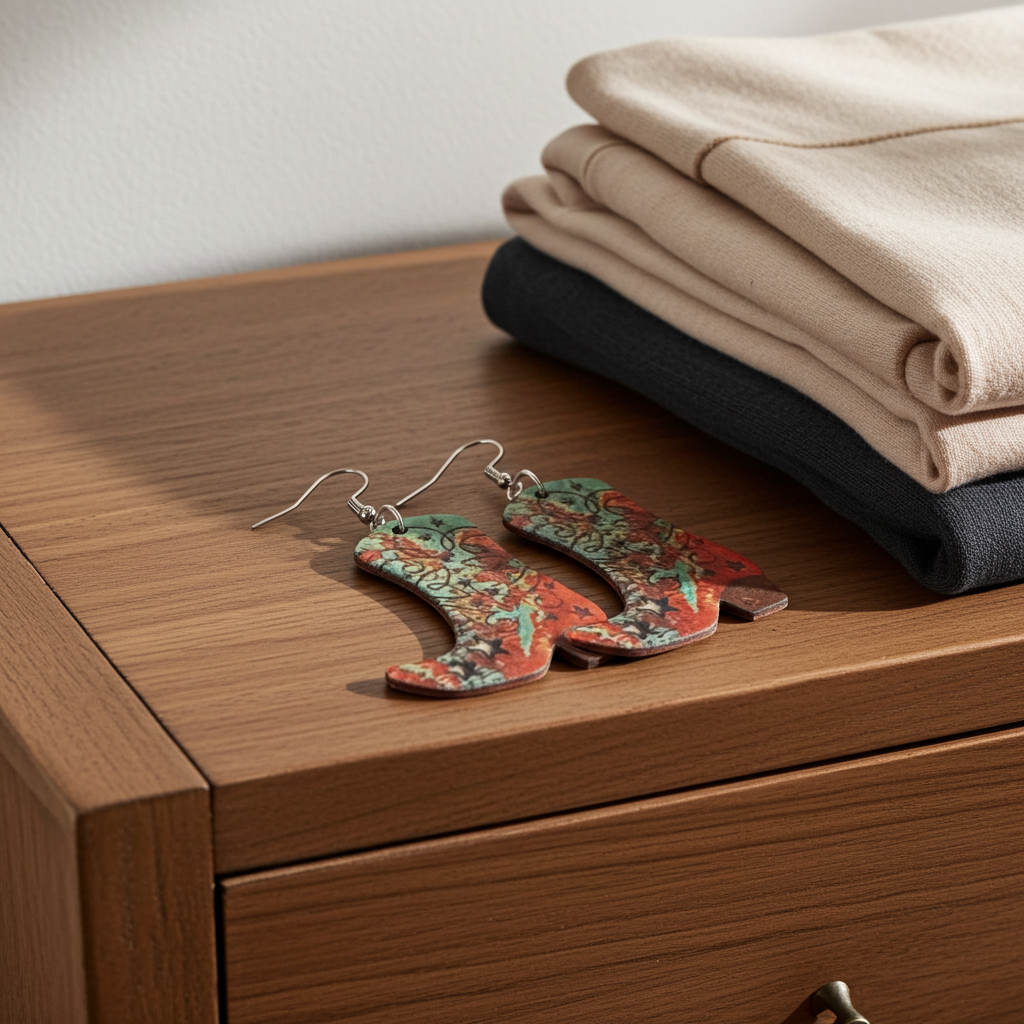 Colorful earrings on a wooden surface with folded clothes in the background
