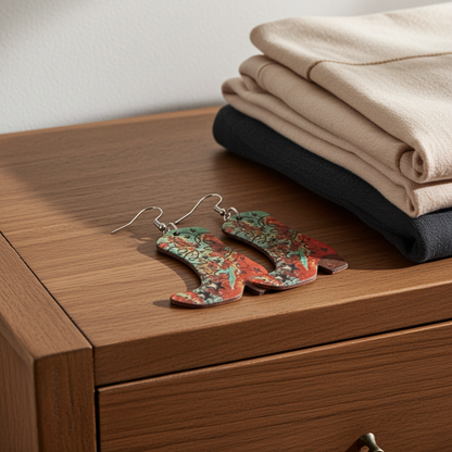 Colorful earrings on a wooden surface with folded clothes in the background